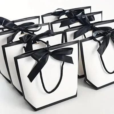 5pcs Ribbon Bow White Pardboard Paper Tote Gift Bags with Handles Shopping Party Wedding Party