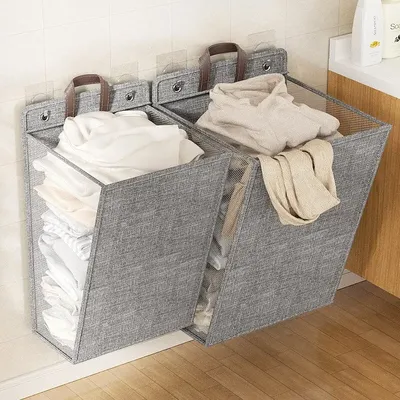 1pc Foldable Adhesive Laundry Basket Hamper, Multifunctional Punch Free Wall Hanging Washing Clothes