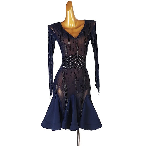 Tanz-Salsa-Latin-Tanzkleid, Perlenkristalle/Strasssteine, Pailletten, Damen-Performance, langärmlig, Chinlon-Mesh Image