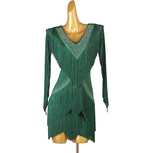 Tanz-Salsa-Latin-Tanzkleid mit Fransen, Quasten, Kristallen/Strasssteinen, Damen, Performance-Training, lange Ärmel, Chinlon Image