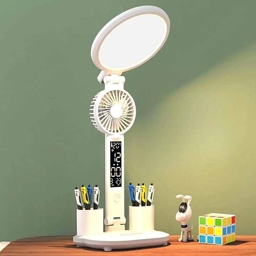 Tischlampe LED Multifunktions-Falt-Touch mit Kalenderuhr USB-Schreibtischlampe Eingebauter Ventilator Augenpflege-Technologie für Schlafzimmer Nachttisch-Leselicht Image