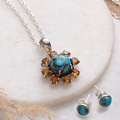 Solar Peace,'Sun-Themed Composite Turquoise and Citrine Jewelry Set'