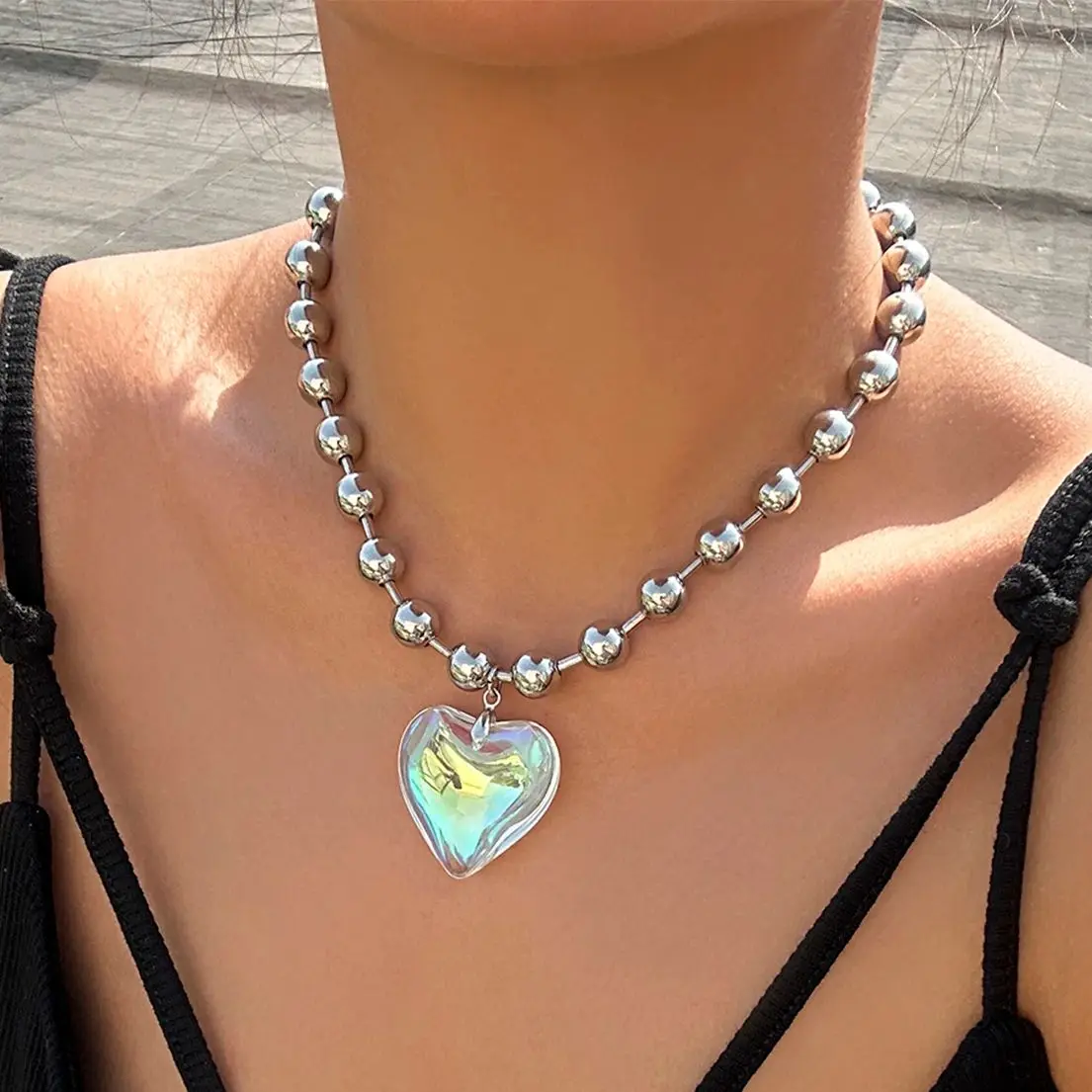 3 Farben Hip Hop große Liebe Herz Anhänger Halskette für Frauen trend ige Punk runde Perlen Kette Hals reifen y2k Schmuck Accessoires neu