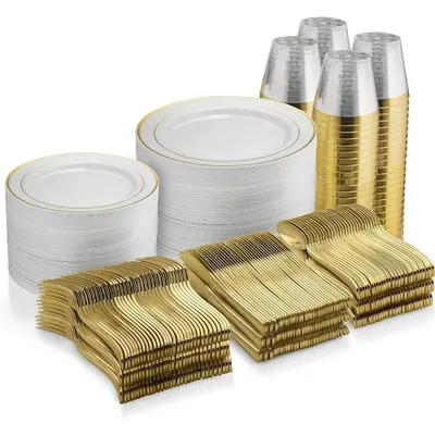 600 Piece Gold Plastic Dinnerware Set, Disposable - 100 Gold Rim 10 inch and 7 Inch Plates, 300 Gold