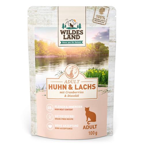 24x100g Wildes Land Cat Huhn, Lachs mit Cranberries Katzenfutter nass