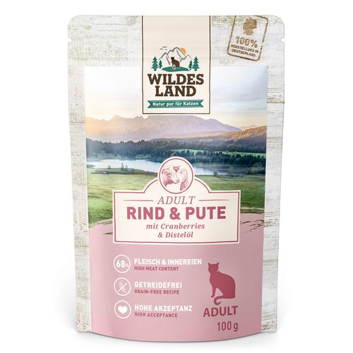 12x100g Wildes Land Cat Rind, Pute mit Cranberries Katzenfutter nass