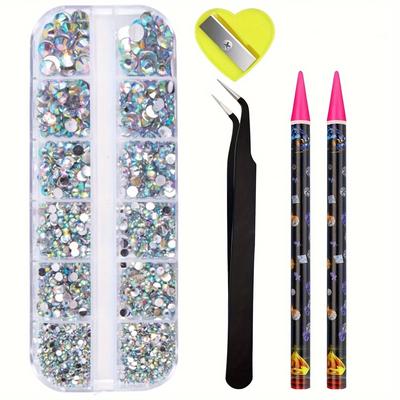 TEMU Nail Art Rhinestone Kit, Resin Flatback Crystals With Pick-up Pen, Tweezers, Diy Nail Decorations For Girls & Women Image