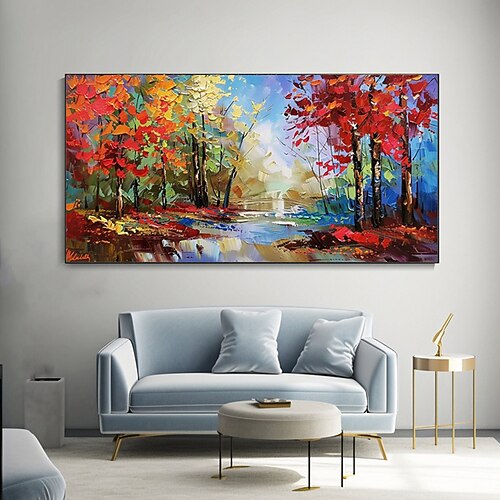 handgemachtes herbstliches buntes Waldlandschafts-Ölgemälde handgemalt großes Birkenbaum-Wandkunst-Geschenktextur individuelles Wohndekor kein Rahmen Image