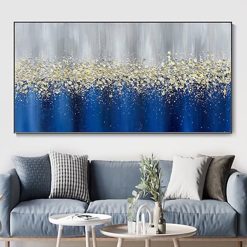 handgemachtes Ölgemälde Leinwand Wandkunst Dekoration moderne abstrakte Textur blau gold für Wohnzimmer Wohnkultur gerollt rahmenloses ungedehntes Gemälde Image