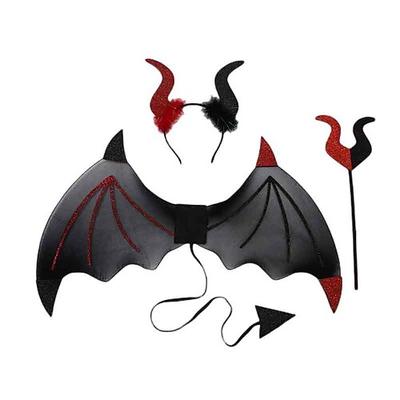 3 Halloween-Teufelsflügel, Dreizack-Kopfbedeckungsset, Rollenspielkostüm, Teufelsgeist, Seele, schwarze Federflügel und Dekorationen für Erwachsene, Halloween-Party, Kostüm, Make-up-Ball, Image