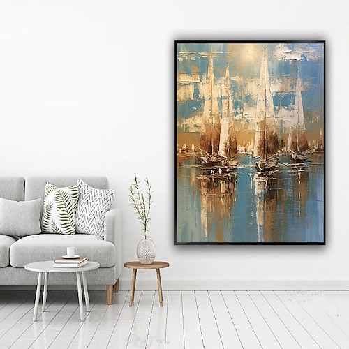 Boot Sonnenuntergang abstrakte Gemälde handgefertigte Leinwand Kunst Boot Gemälde 100 % handgemachte strukturierte Meer Malerei Acryl abstrakte Ölgemälde Wand Dekor Gemälde für Wohnzimmer Büro Image