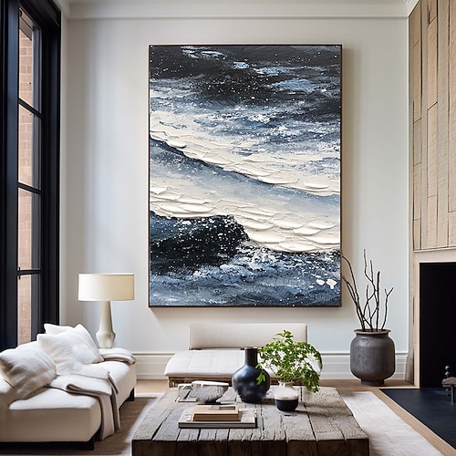 große Ölgemälde auf Leinwand, handgefertigt, 3D-Ölgemälde mit Meeresstruktur, handgefertigte Wandkunst, Gemälde mit blauem Meer und weißen Ozeanwellen, Ölgemälde, Wandkunst Image