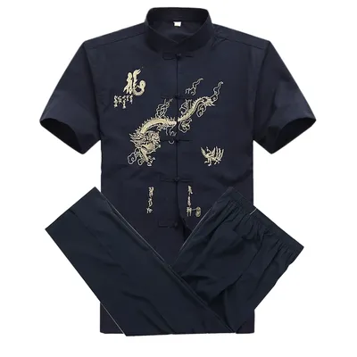Chinese Men Cotton Kung Fu Suit Embroidery Wu Shu Uniform Tai Chi Clothing Short Sleeve Shirt+Pant M L XL XXL XXXL MS013