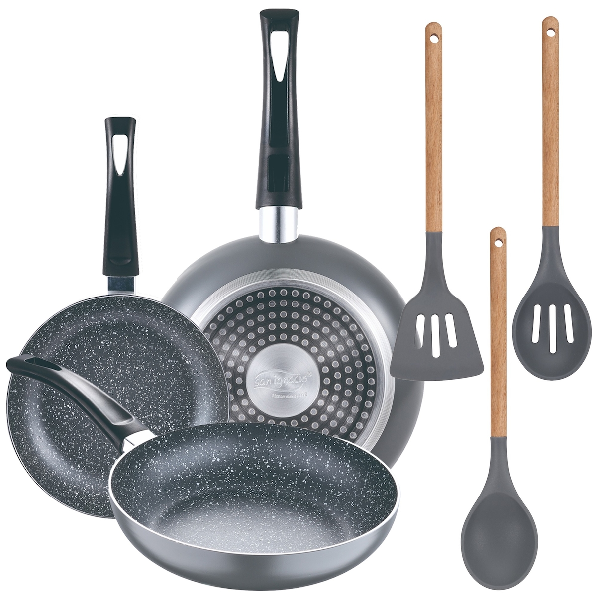 San Ignacio - Set aus 3 Pfannen Ø16/20/24 cm aus gepresstem Aluminium mit 3 Utensilien aus Holz und Silikon Image