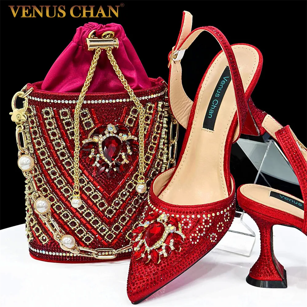 Venus Chan-Nigerianischer Absatz, Party für Damen, rote Farbe, Schuhe und Taschen-Set, Strass-Handtasche, italienisches Design, Hochzeit, INS 2024