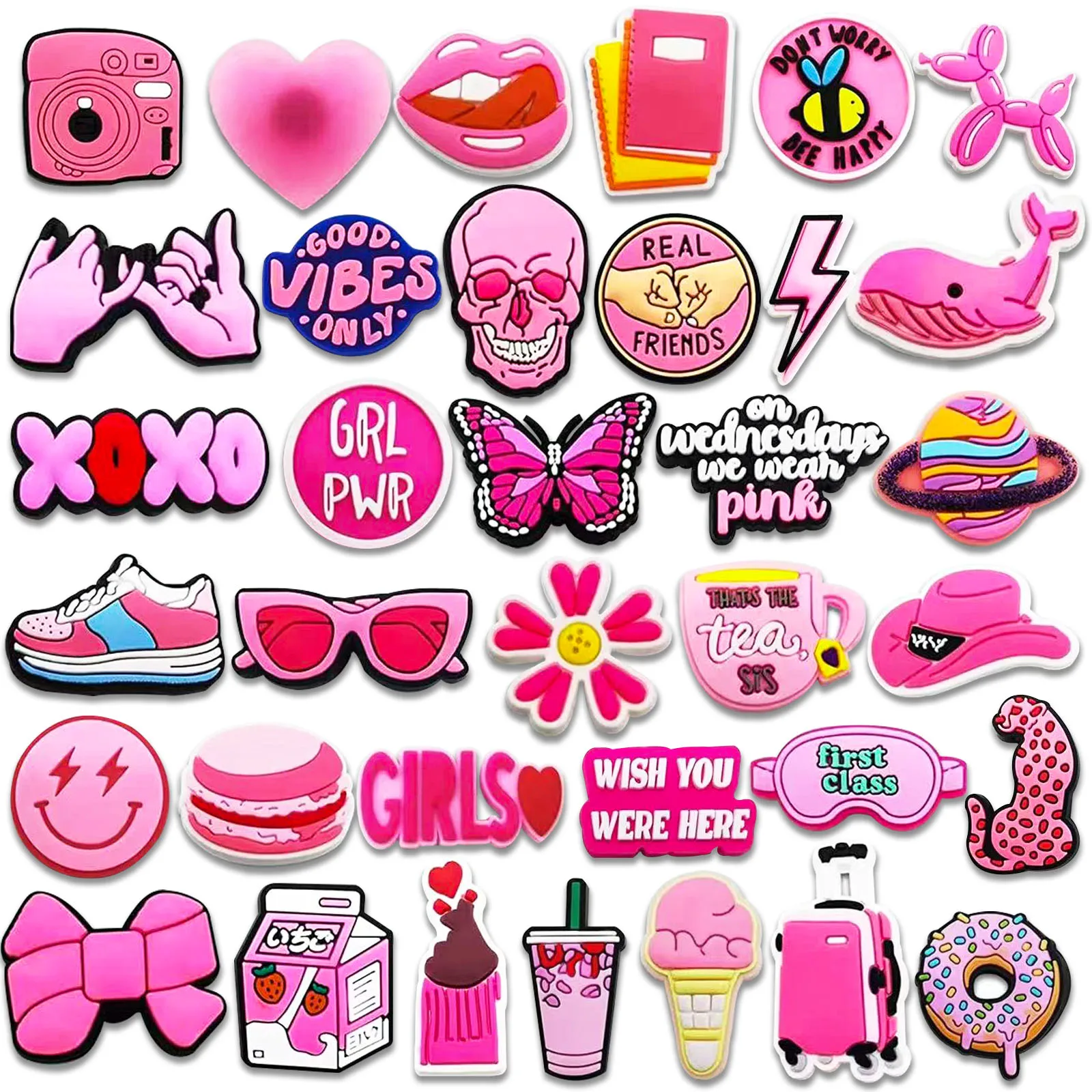 35 Stück rosa Serie Schuhanhänger für Clogs Schuh DIY Dekoration Premium Qualität beliebte Charms Zubehör Bubble Slides Sandalen, PV