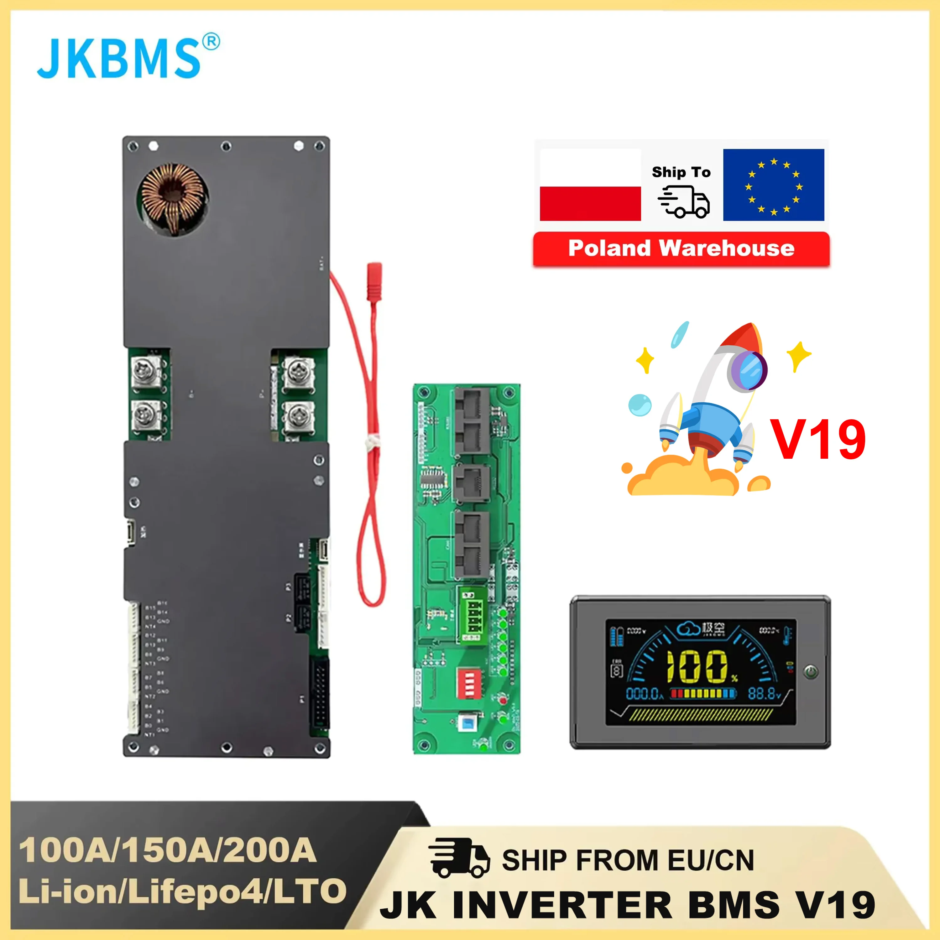 JKBMS V19 onduleur intelligent BMS 8S 16S 24V 48V 100A 150A 200A stockage d