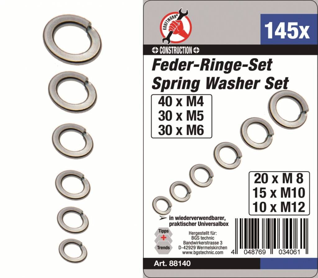 Kraftmann 88140 Federringe Sortiment 145tlg verzinkt 4-5-6-8-10-12mm in Kassette Image