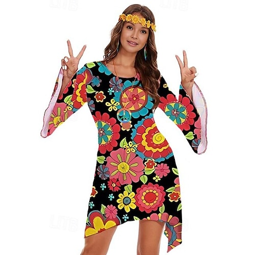Retro Vintage 1970er 70er-Jahre Damenkostüm Glockenärmel Hippie Disco Grafik Rundhals Kostüm Damen Halloween Karneval Maskerade Party Alltagskleidung Pride Parade Erwachsene Kleid Ganzjahres Image