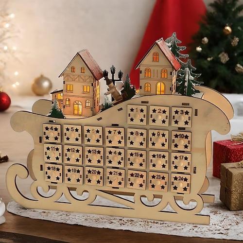 Weihnachts-Adventskalender Holzschlitten LED Lichter 24 Tage Countdown Speicherorganisation Figuren Raum Home Deko 2025 News