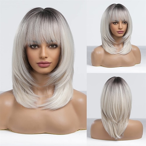 dunkelbraune Damenperücken blonde Highlights Perücke natürlich aussehender kurzer gewellter Bob Perücke mit Pony mittellang hitzebeständige Synthetikperücke täglicher Partygebrauch Image