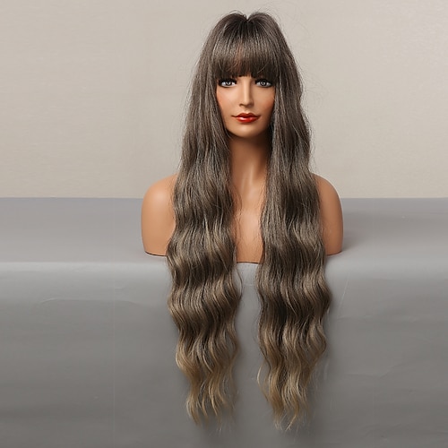 Synthetik Perücke locker gewellt fest Locken Mittelteil Perücke sehr lang dunkelbraun Kunsthaar Damen modisches Design weich Neuzugang dunkelbraun Image