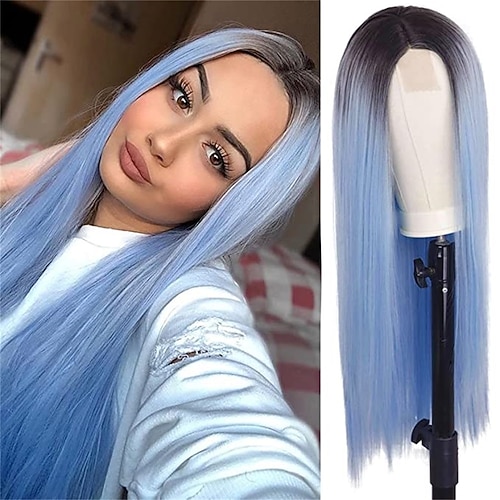 Barbiecore-Filmperücken, gerade, blonde Ombre-Perücken für Frauen, lange, gerade, blonde Perücke, kleiner Bereich, synthetische Ombre-Blondine-Perücke mit Spitzenfront, 76,2 cm, für Cosplay, tägliche Image