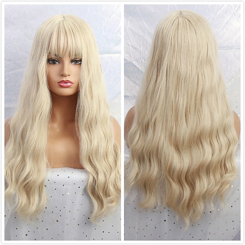 Blonde Perücken mit Pony, lange, gerade Perücken, Ombre-schwarzblonde Ascheperücken mit Pony, hitzebeständige synthetische Perücken für afroamerikanische Frauen, Weihnachtsparty-Perücken, Image
