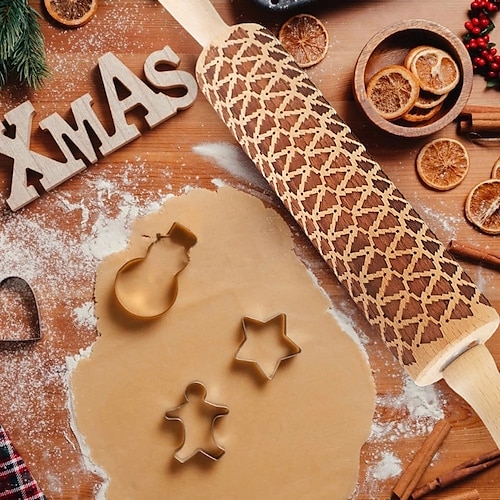 Weihnachts-Nudelholz, Krippenprägemuster, Weihnachts-Holzkrippe mit 3D-Gravur und Jesusmotiv zum Plätzchenbacken Image