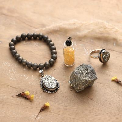 Fortune's Forge,'Inspirational Natural Pyrite and Citrine Chip Jewelry Set'