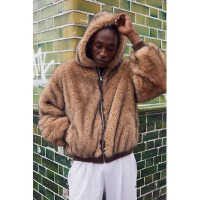 BDG Silvio Faux Fur Hoodie - Brown XS at Urban Outfitters