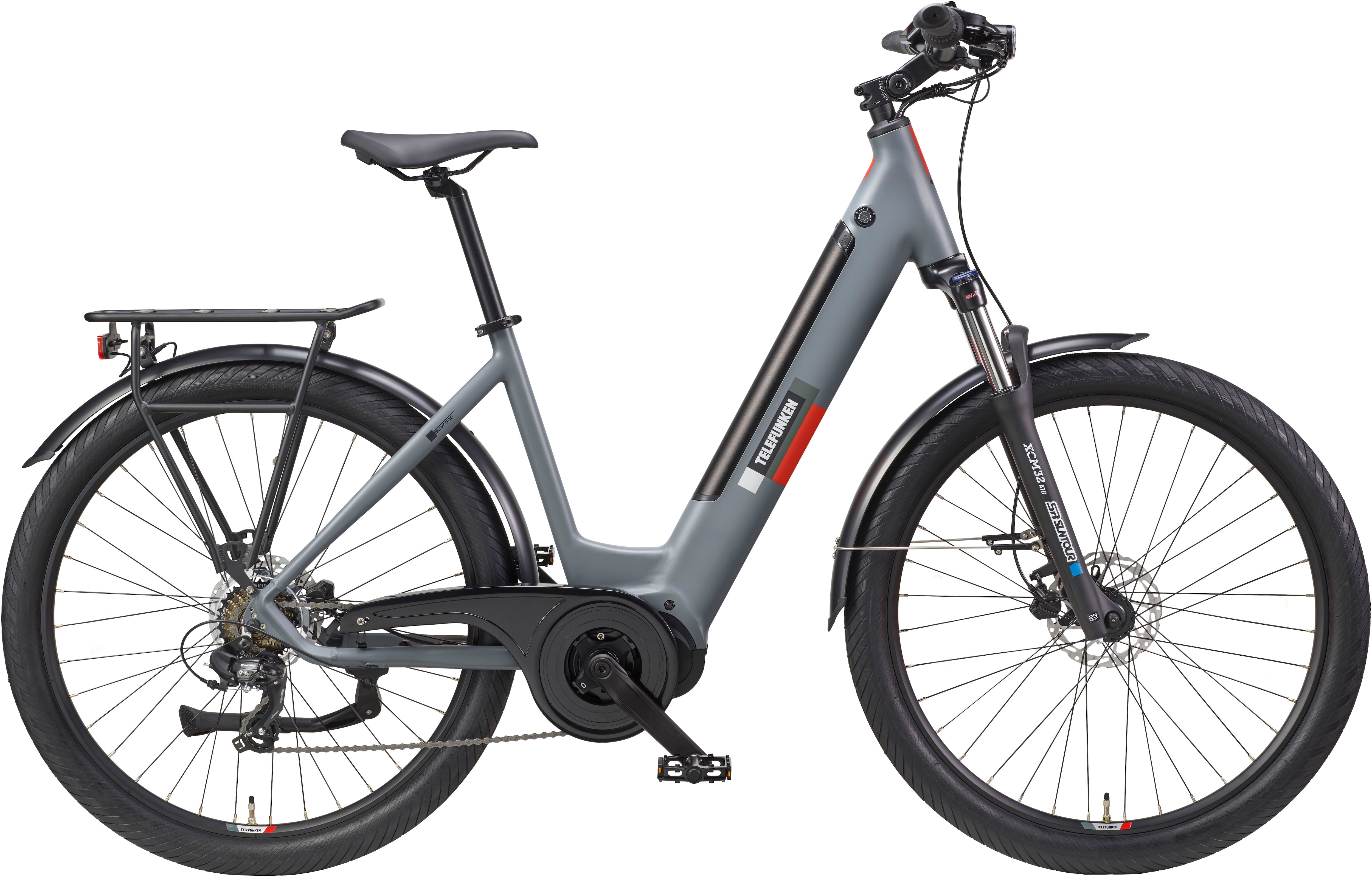 E-Bike TELEFUNKEN "SUV500" Gr. 48, grau (grau, schwarz), Elektrofahrräder, 27,5 Zoll (69,85cm), Pedelec, Elektrofahrrad für Damen u. Herren Image