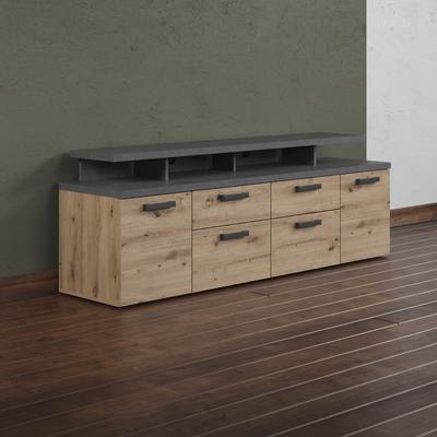 TV-Schrank HOME AFFAIRE "Ambres", grau (eichefarben, grau), B:180cm H:66cm T:47cm, FSC-zertifizierter Holzwerkstoff, Kunststoff, Schränke, Lowboard inklusive Aufsatz in Eiche/Grau - Mit Vollauszug-Funktion Image