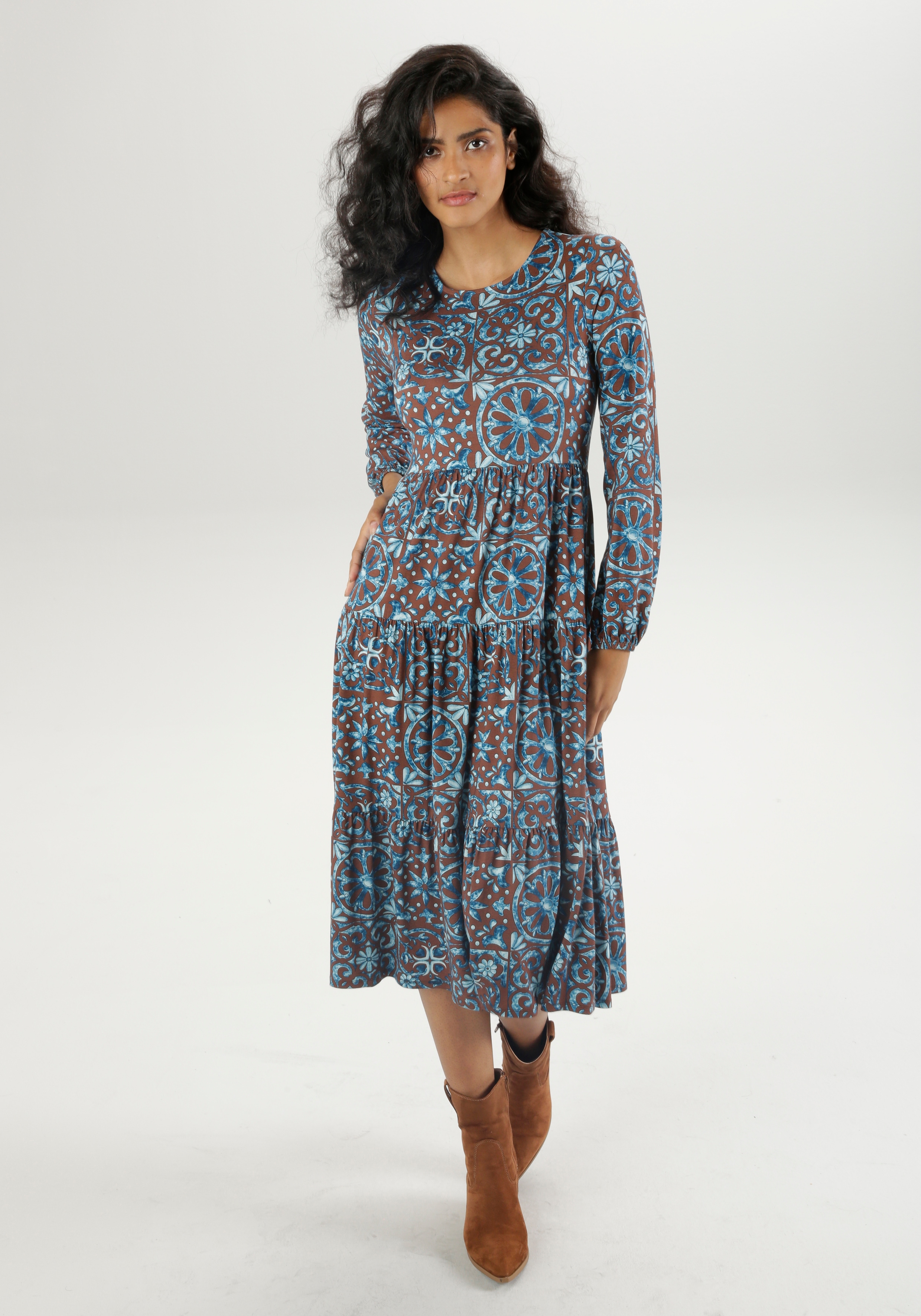 Jerseykleid ANISTON CASUAL, Damen, Gr. 42, N-Gr, blau (braun, blau, hellblau, weiß), Single Jersey, Obermaterial: 95% Viskose, 5% Elasthan, bedruckt, geblümt, gemustert, figurumspielend wadenlang, Rundhals, elastischer Bund mit Gummizug, Kleider,... Image