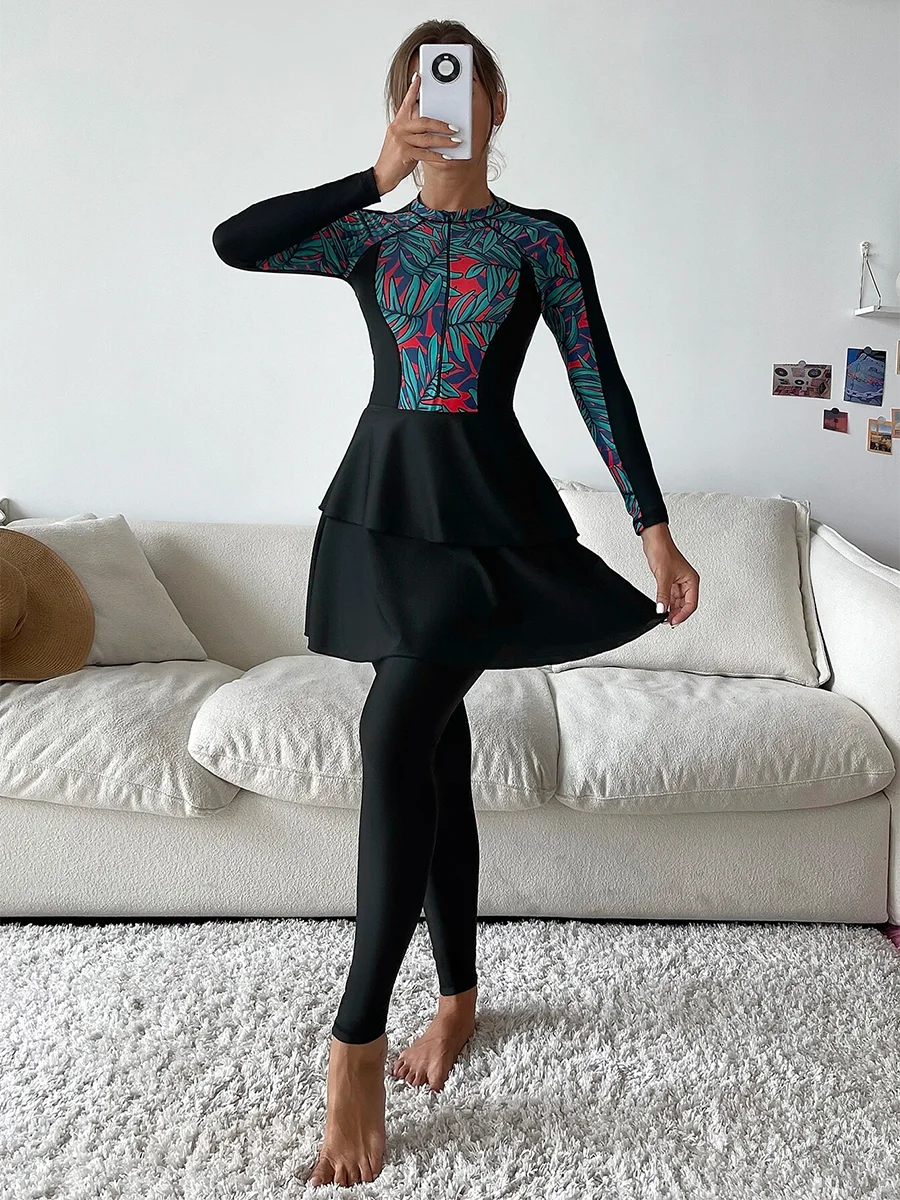 3PCS Frauen Muslimischen Bademode Drucken Volle Abdeckung Badeanzug Hijab Islamischen Burkinis Bademode Schwimmen Badeanzug Image