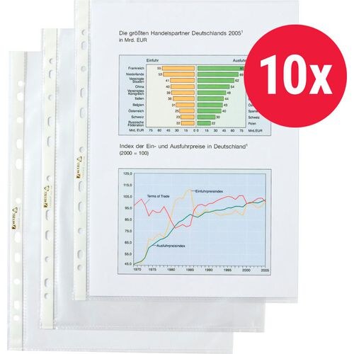 Hetzel Top Quality Prospekthüllen DIN A4 Glasklar Transparent 110 Mikron PP (Polypropylen) Öffnung oben 11 Löcher 10 Stück Image