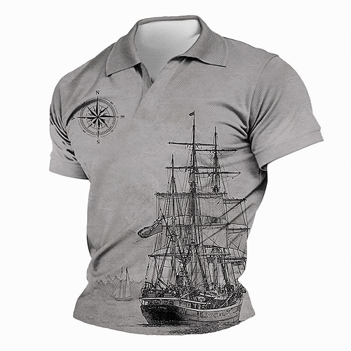 Festival de musique Homme Nautique Polo Chemise de golf Manche Courte Polos Col en V Vêtements de vacances Vêtements de bateau Tenues de fête Impression 3D Printemps Été Gris