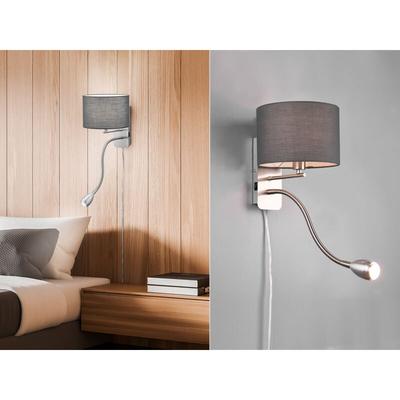 Wandleuchte hotel mit led Leselampe & Stecker, Stoffschirm Grau Ø20cm