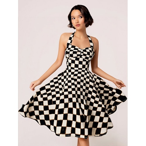 Retro Vintage 1950er Hepburn Knielang Swing-Kleid Ausgestelltes Kleid Halter Blumen Karomuster A-Linie Kostüm Damen Karneval Urlaub Alltagstauglich Retro-Mottoparty Erwachsene Kleid Frühling Sommer Image