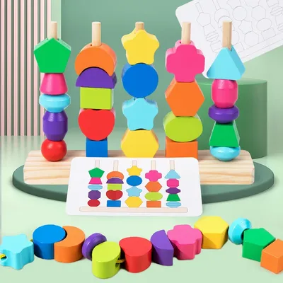 Montessori Wooden Beads Sequencing Toy Set, Five Columns Stacking Colorful Blocks,Lacing Beads,