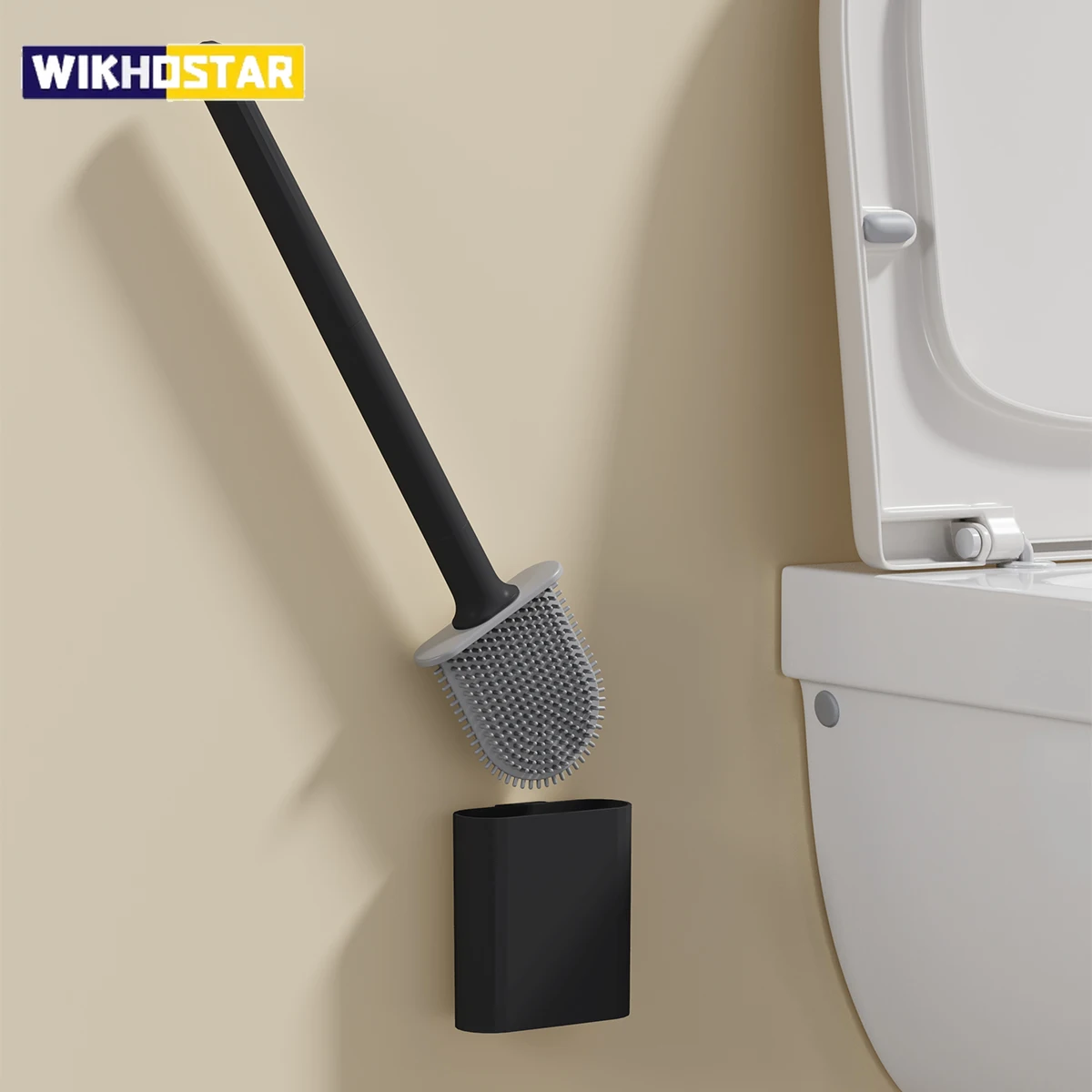 WIKHOTSAR Wandmontierte Toilettenbürste, Silikon, flacher Bürstenkopf, Toilettenbürste, Reinigungsbürsten-Set, Toilettenreinigungsbürste für abgestorbene Enden Image