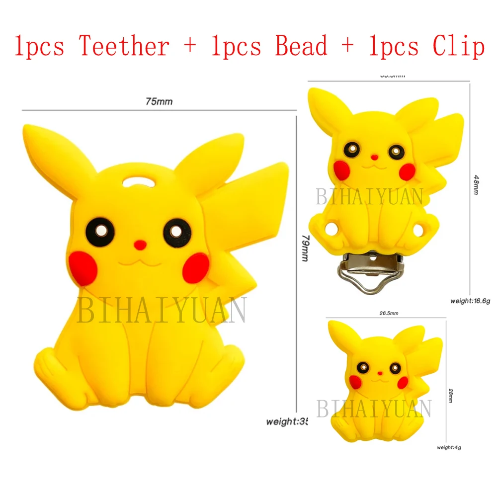 3 pièces un ensemble Pokemon Pikachu Silicone anneau de dentition clip perles focales bricolage sucette chaîne Clips perles stylo jouet bijoux accessoires