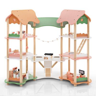 Costway 3-Tier Wooden Dollhouse for Kids Aged 3-8 Years Old with 32 Pieces of Accessories-Multicolor