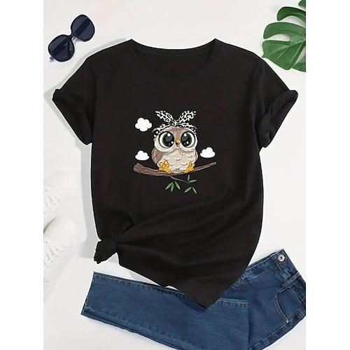Damen T-Shirt 100% Baumwolle Eule Alltag Casual Kurzarm Schwarz Sommer