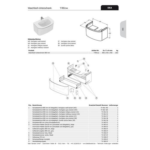 Ideal Standard Schubladenfront DEA, für WT-US b:800mm, TV061S2 mit Ablage, Hochglanz hellgrau lackie TV061S2