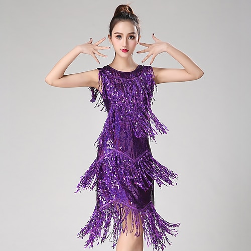 Lateinischer Tanz, Tanzkostüme, Kleid mit Fransen, Quasten, Rüschen, reine Farbe, Damen-Performance-Partykleid, Training, ärmellos, hoher Polyesteranteil Image