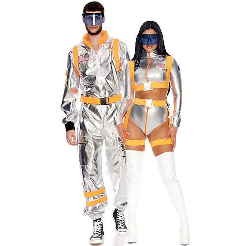 Astronautenkostüm für Paare, Overall, sexy Halloween-Gruppenkostüm für Paare, silberner Raumanzug für Männer und Frauen mit gestickten Aufnähern