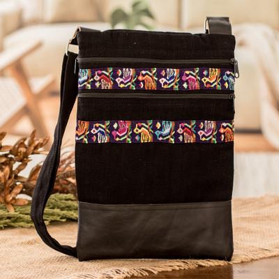 Avian Night,'Bird-Themed Leather-Accented Cotton Sling Bag in Black'