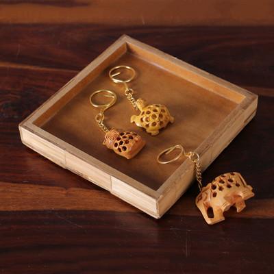 'Set of 3 Animal-Themed Kadam Wood Jali Keychains from India'