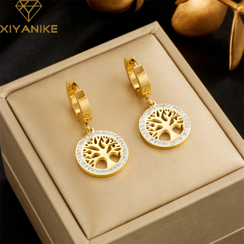 XIYANIKE 316L Edelstahl Goldene Ohrringe Lebensbaum Runder Anhänger Zubehör für Frauen Exquisiter Schmuck Partygeschenke Afrikaans Image